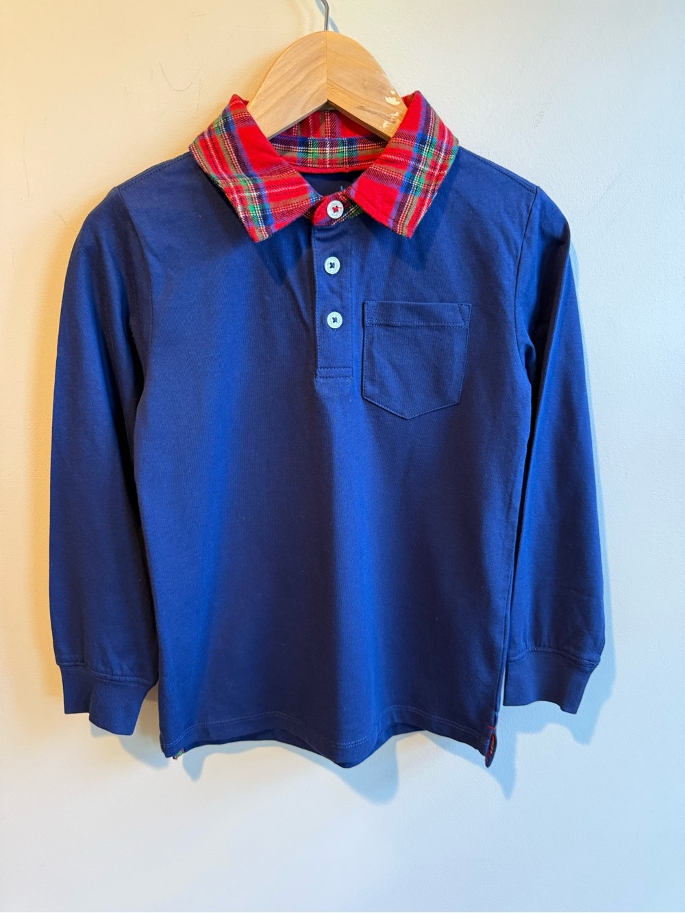Mini Boden Blue Long Sleeve Cotton Polo with Red Green Plaid Collar,size 6/7 New